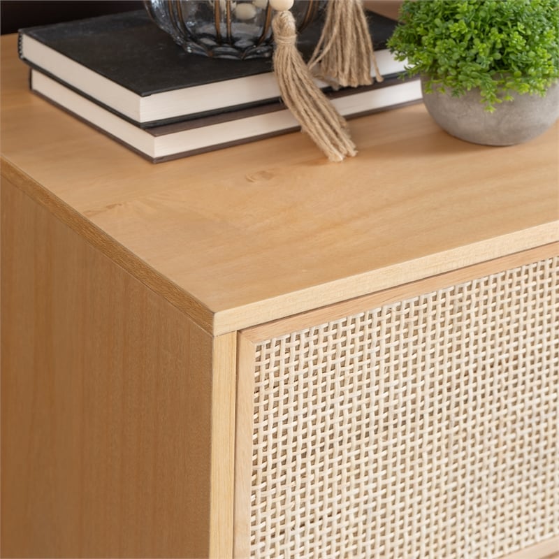 Linon Winnie Rubberwood Nightstand 2 Drawers Cane Front Panels in Natural Finish