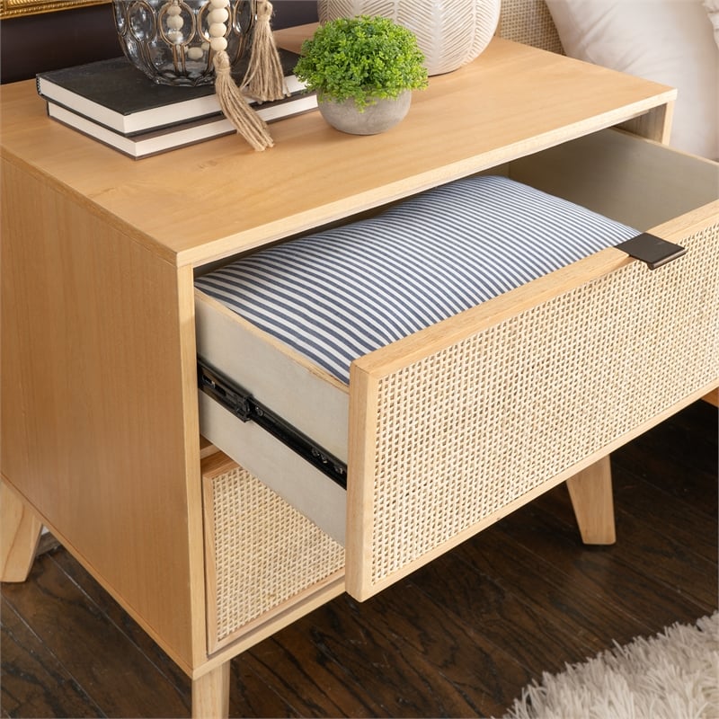 Linon Winnie Rubberwood Nightstand 2 Drawers Cane Front Panels in Natural Finish