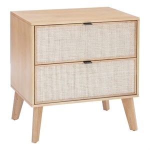 Linon Winnie Wood Nightstand 2 Drawers with Cane Front Panels in Natural Stain