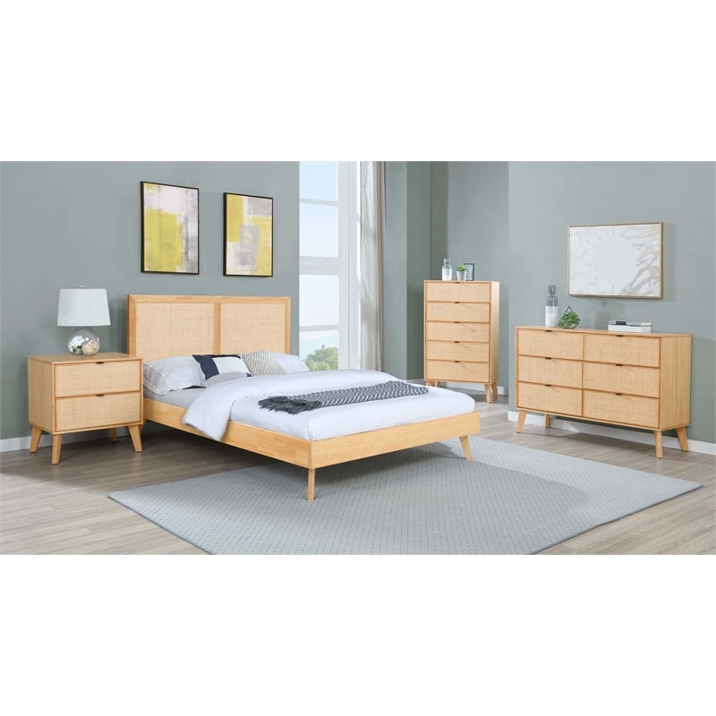 Linon Winnie Queen Bed Frame with Woven Rattan Cane Headboard in Natural Wood