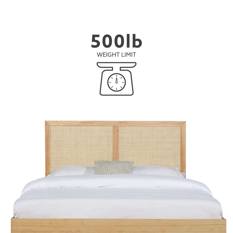 Linon Winnie Queen Bed Frame with Woven Rattan Cane Headboard in Natural Wood
