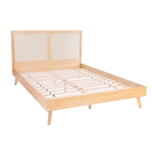 linon winnie queen bed frame with woven rattan cane headboard in natural wood