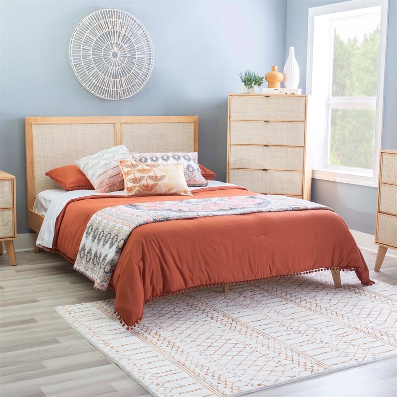 Linon Winnie Queen Bed Frame with Woven Rattan Cane Headboard in Natural Wood