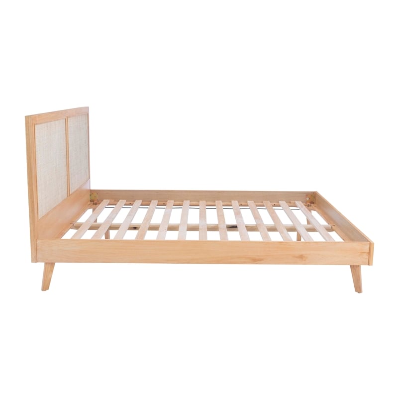 Linon Winnie Queen Bed Frame with Woven Rattan Cane Headboard in Natural Wood