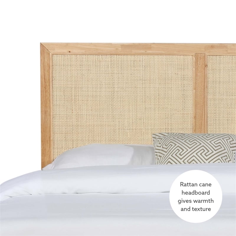 Linon Winnie Queen Bed Frame with Woven Rattan Cane Headboard in Natural Wood