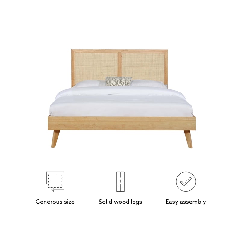 Linon Winnie Queen Bed Frame with Woven Rattan Cane Headboard in Natural Wood