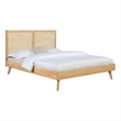 Linon Winnie Queen Bed Frame with Woven Rattan Cane Headboard in Natural Wood