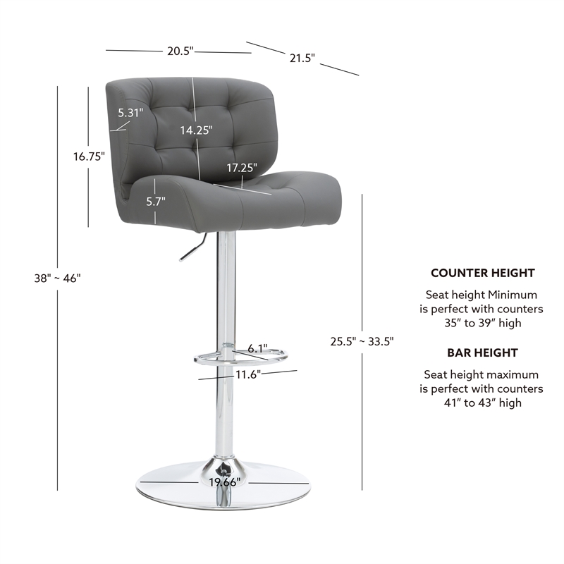Linon Chaz Metal Chrome ABS Barstool Upholstered Seat in Gray Faux Leather