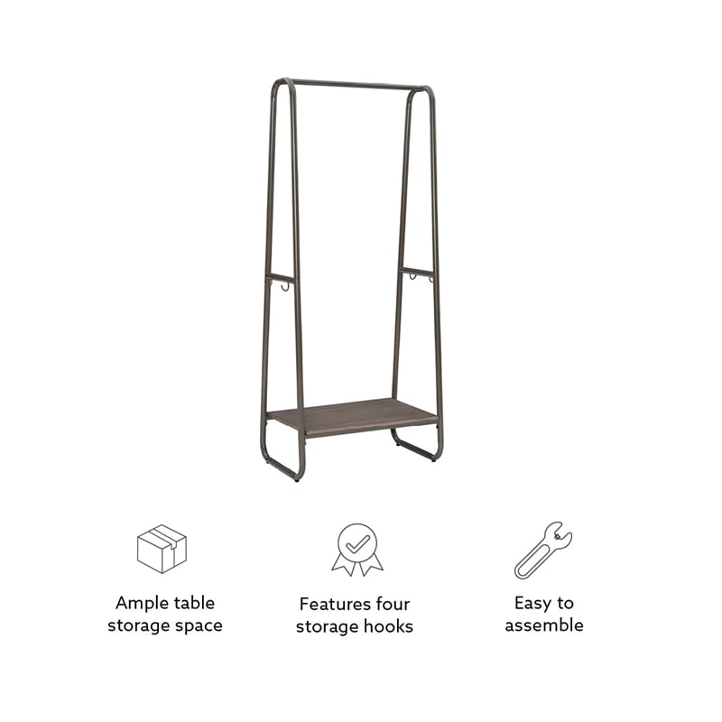 Linon Paisley Tall Steel Clothing Rack Distressed Wood Shelf 4 Hooks in Pewter