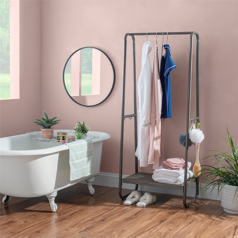 Linon Paisley Tall Steel Clothing Rack Distressed Wood Shelf 4 Hooks in Pewter