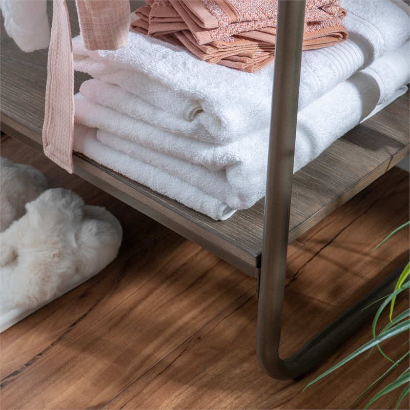 Linon Paisley Tall Steel Clothing Rack Distressed Wood Shelf 4 Hooks in Pewter