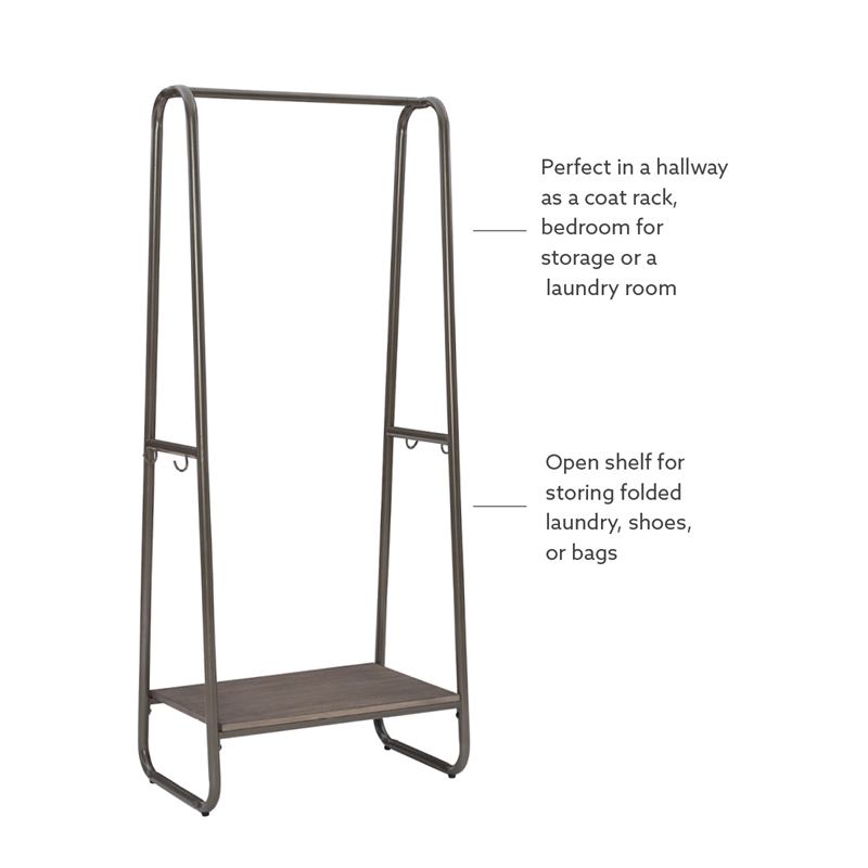 Linon Paisley Tall Steel Clothing Rack Distressed Wood Shelf 4 Hooks in Pewter