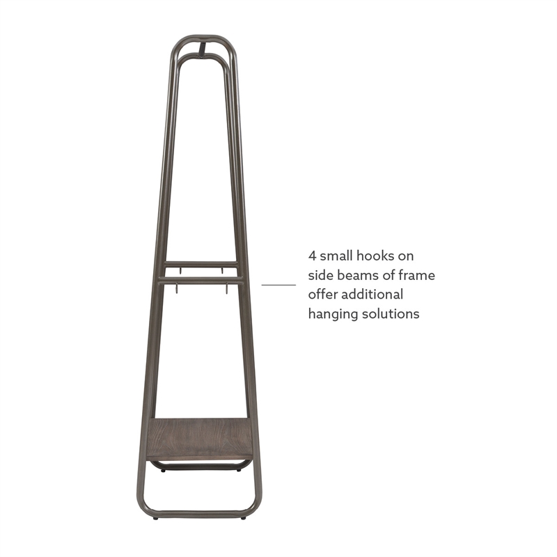 Linon Paisley Tall Steel Clothing Rack Distressed Wood Shelf 4 Hooks in Pewter