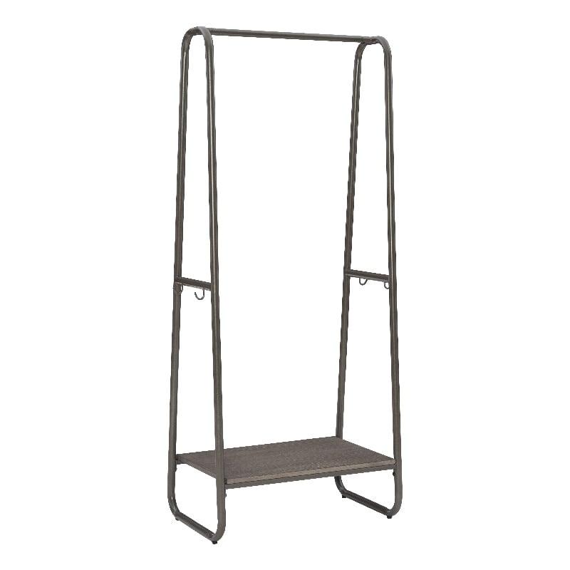 Linon Paisley Tall Steel Clothing Rack Distressed Wood Shelf 4 Hooks in Pewter