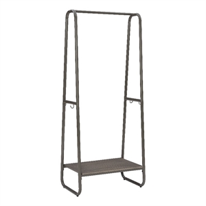 Linon Paisley Tall Steel Clothing Rack Distressed Wood Shelf 4 Hooks in Pewter