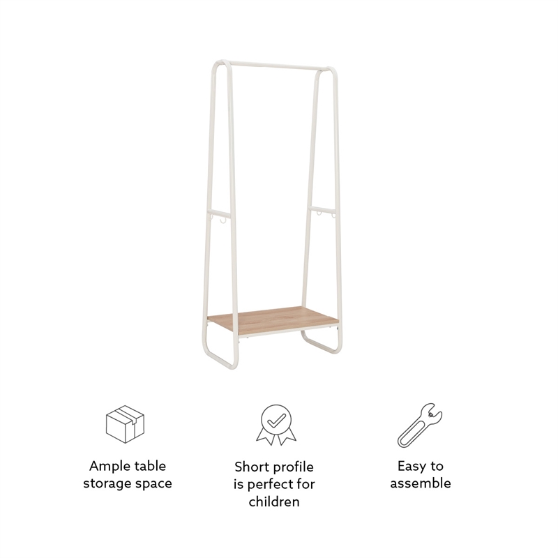 Linon Paisley Tall Steel Open Clothing Rack Natural Wood Shelf 4 Hooks in White