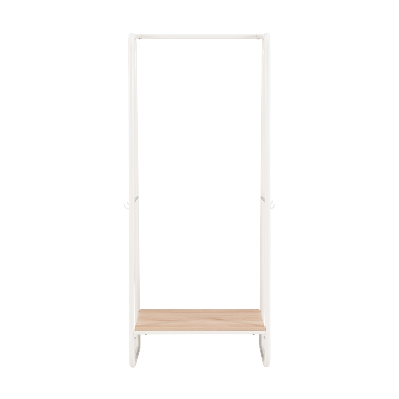 Linon Paisley Tall Steel Open Clothing Rack Natural Wood Shelf 4 Hooks in White