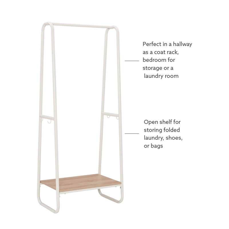 Linon Paisley Tall Steel Open Clothing Rack Natural Wood Shelf 4 Hooks in White