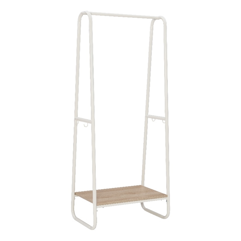 Linon Paisley Tall Steel Open Clothing Rack Natural Wood Shelf 4 Hooks in White