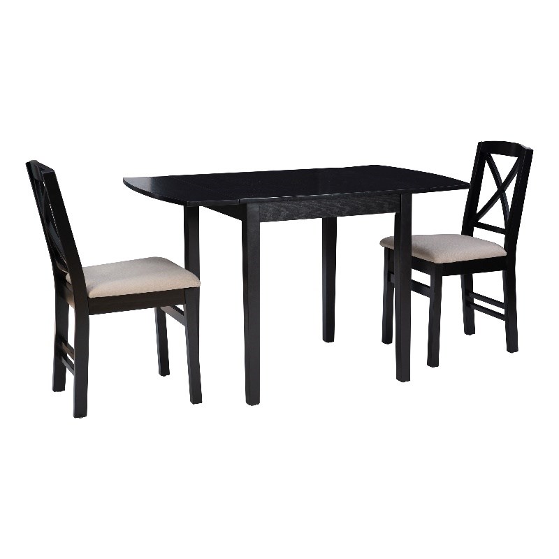Linon Ervin Three Piece Drop Leaf Upholstered Small Dining Set in Black Wood