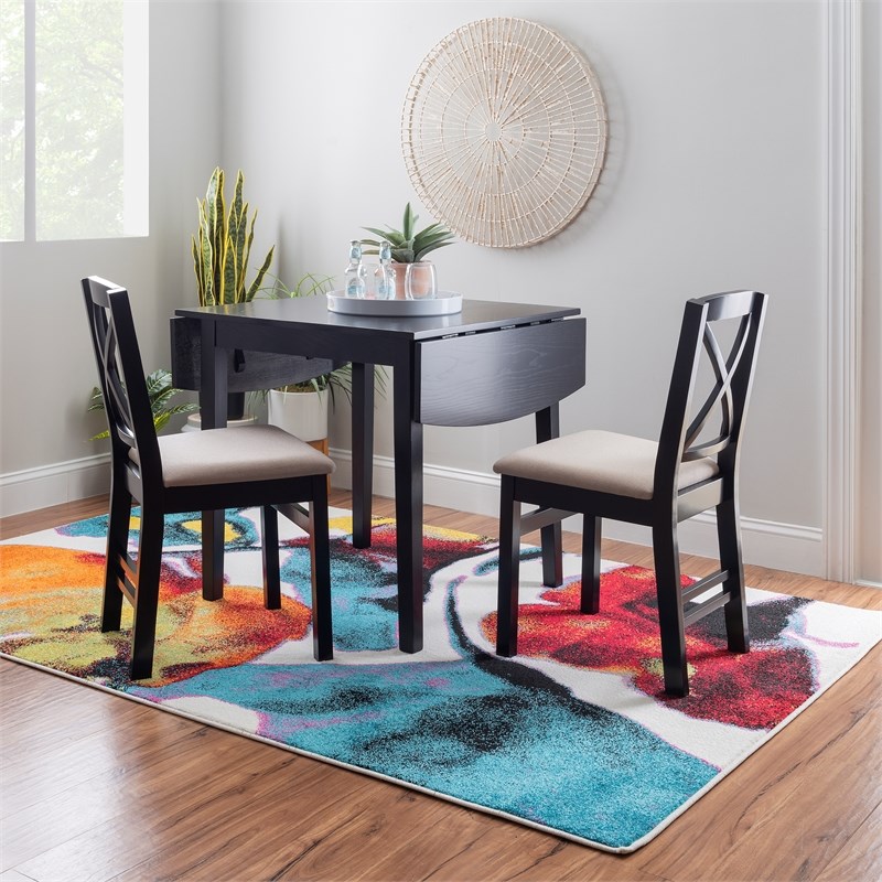 Linon Ervin Three Piece Drop Leaf Upholstered Small Dining Set in Black Wood