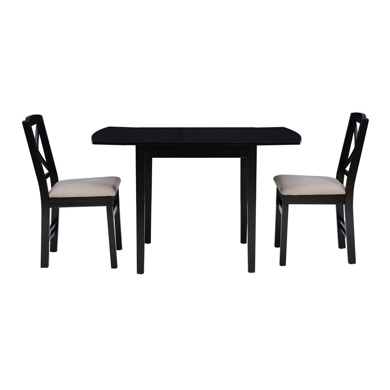 Linon Ervin Three Piece Drop Leaf Upholstered Small Dining Set in Black Wood
