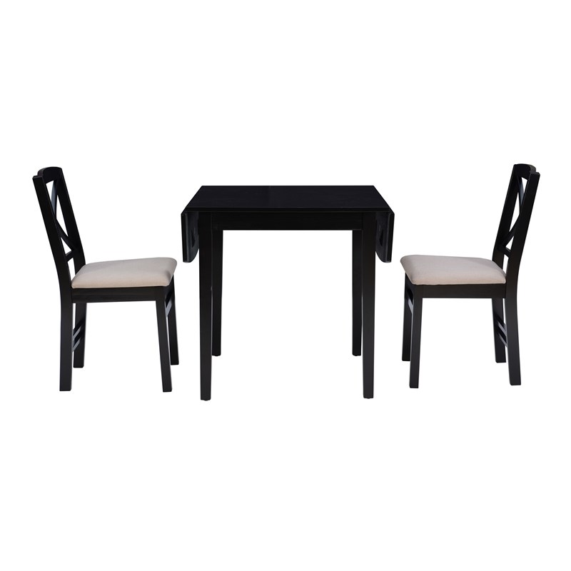 Linon Ervin Three Piece Drop Leaf Upholstered Small Dining Set in Black Wood