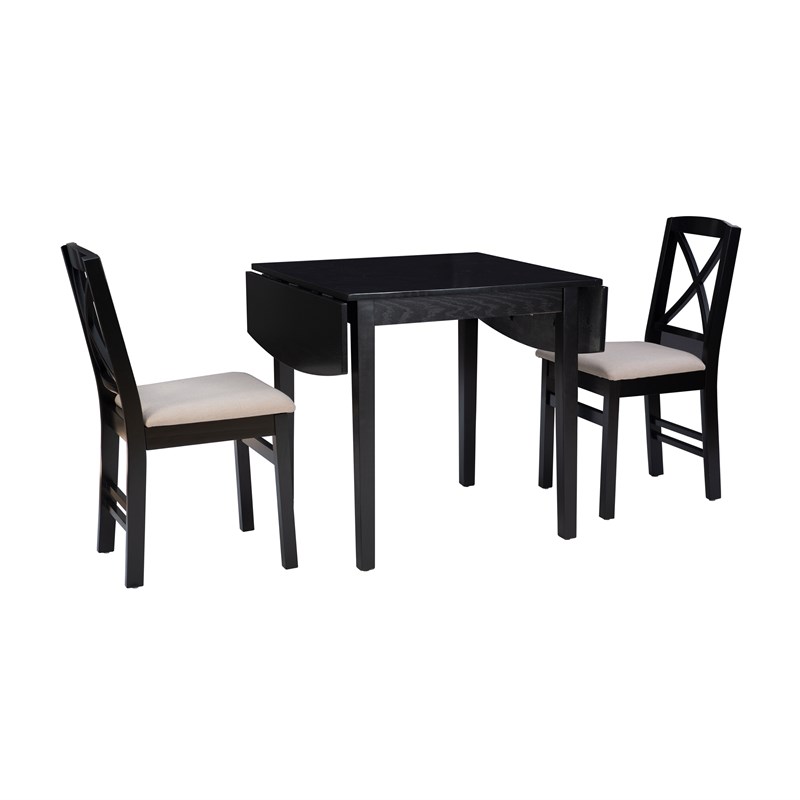 Linon Ervin Three Piece Drop Leaf Upholstered Small Dining Set in Black Wood