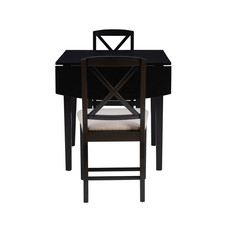 Linon Ervin Three Piece Drop Leaf Upholstered Small Dining Set in Black Wood