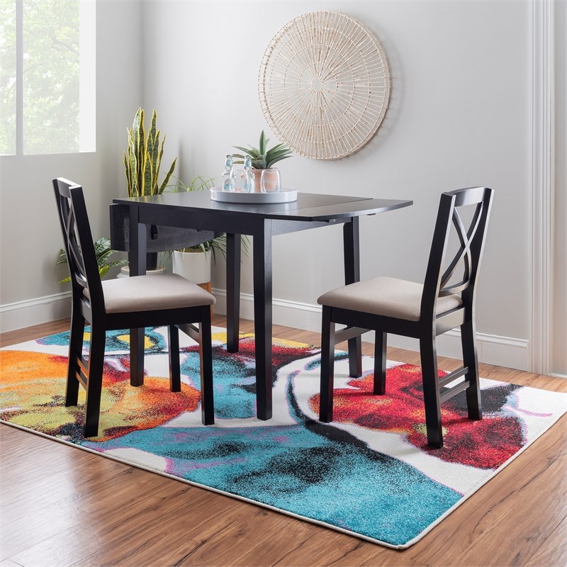 Linon Ervin Three Piece Drop Leaf Upholstered Small Dining Set in Black Wood