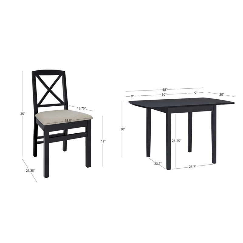 Linon Ervin Three Piece Drop Leaf Upholstered Small Dining Set in Black Wood