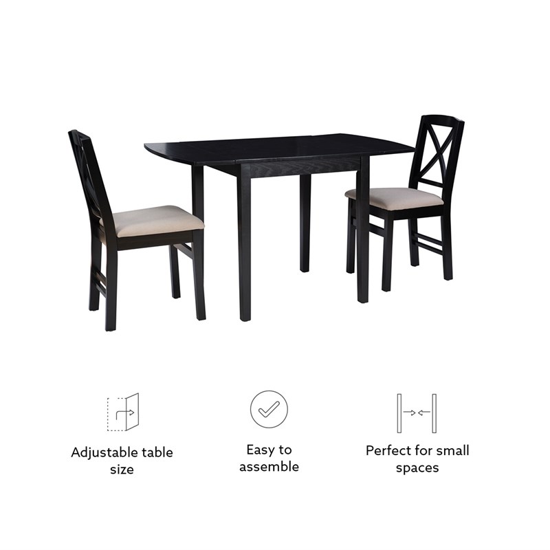 Linon Ervin Three Piece Drop Leaf Upholstered Small Dining Set in Black Wood