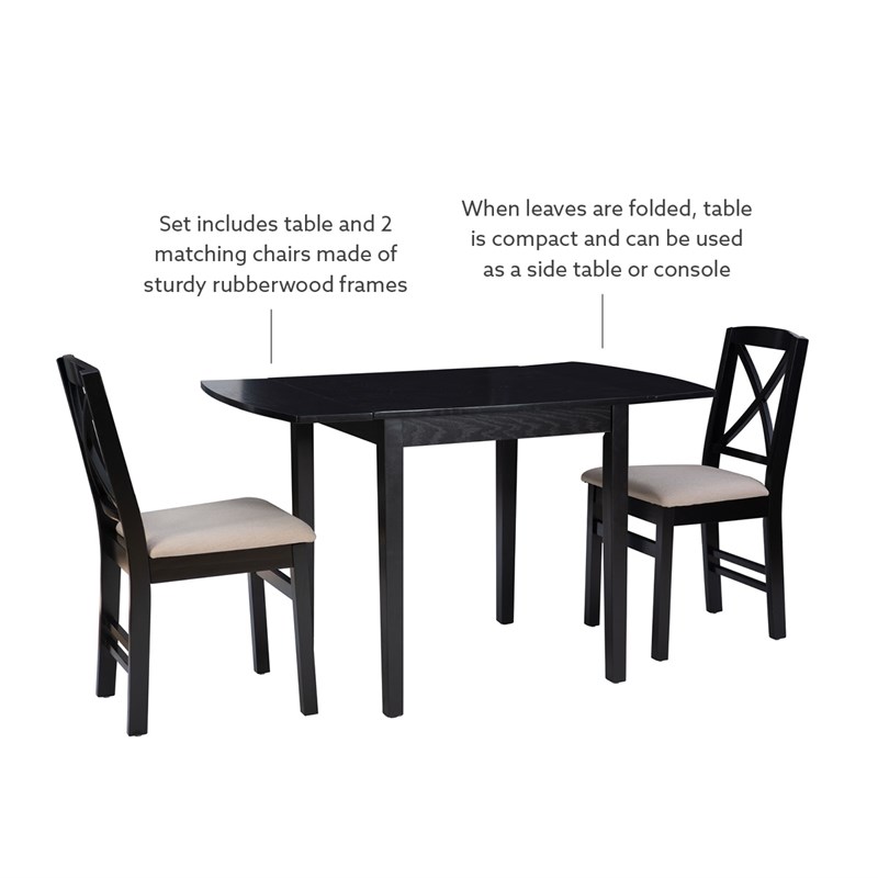 Linon Ervin Three Piece Drop Leaf Upholstered Small Dining Set in Black Wood