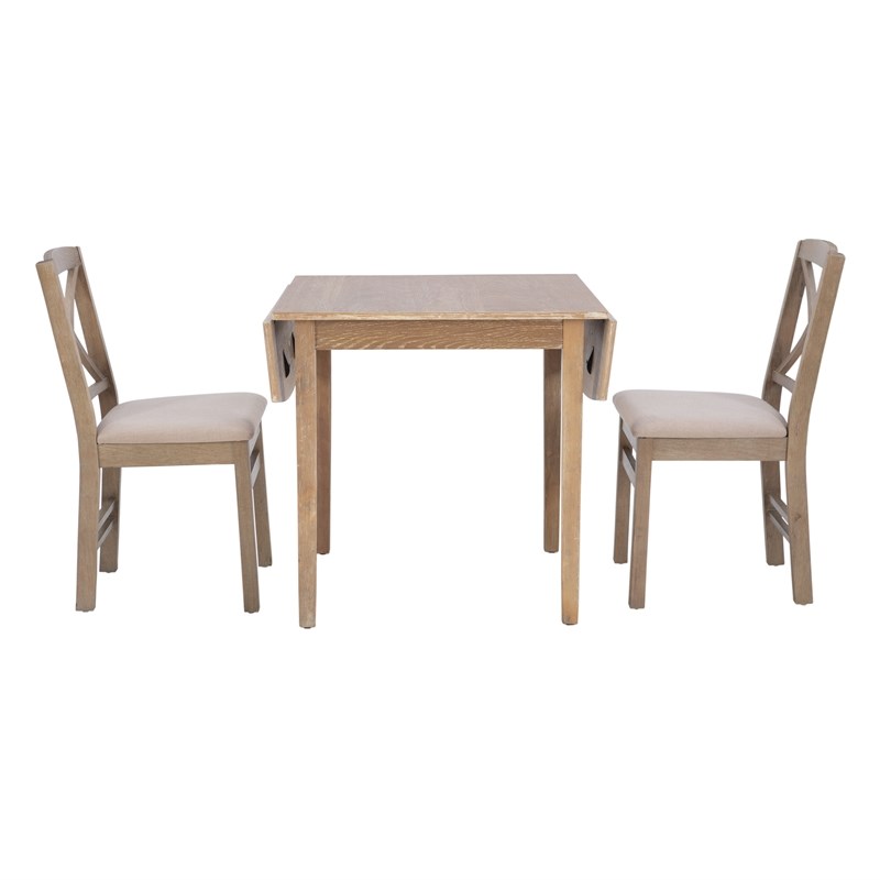 Linon Ervin Three Piece Drop Leaf Upholstered Small Dining Set in Gray Wash Wood
