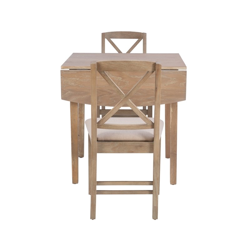 Linon Ervin Three Piece Drop Leaf Upholstered Small Dining Set in Gray Wash Wood