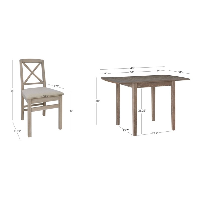 Linon Ervin Three Piece Drop Leaf Upholstered Small Dining Set in Gray Wash Wood