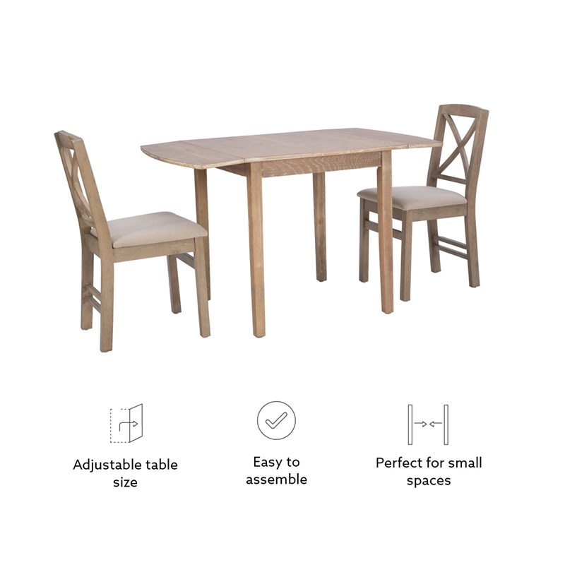 Linon Ervin Three Piece Drop Leaf Upholstered Small Dining Set in Gray Wash Wood
