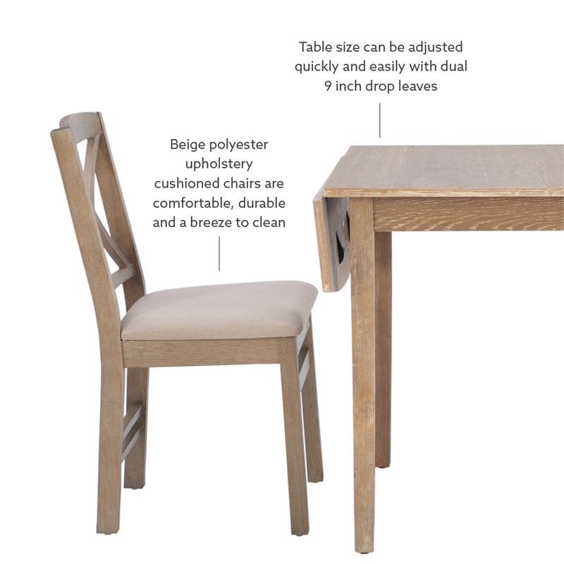 Linon Ervin Three Piece Drop Leaf Upholstered Small Dining Set in Gray Wash Wood