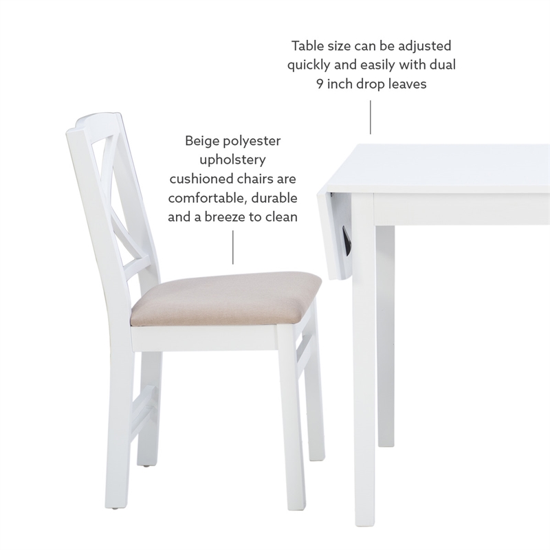 Linon Ervin Three Piece Drop Leaf Upholstered Small Dining Set in White Wood