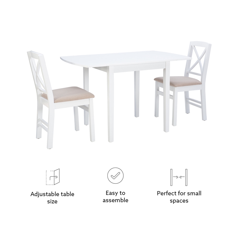 Linon Ervin Three Piece Drop Leaf Upholstered Small Dining Set in White Wood