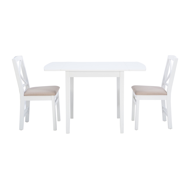 Linon Ervin Three Piece Drop Leaf Upholstered Small Dining Set in White Wood