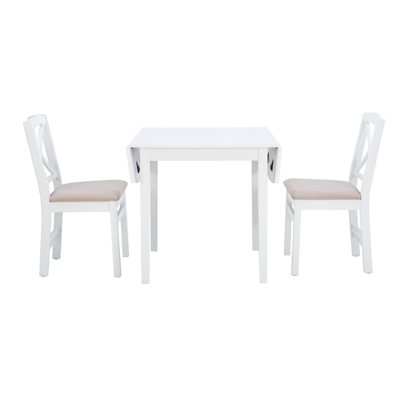 Linon Ervin Three Piece Drop Leaf Upholstered Small Dining Set in White Wood