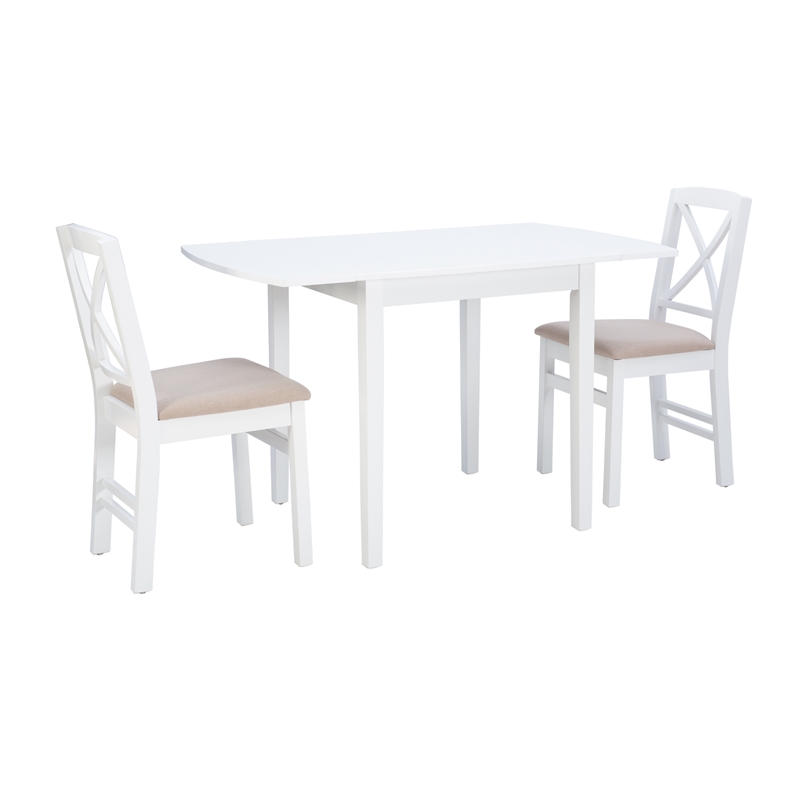 Linon Ervin Three Piece Drop Leaf Upholstered Small Dining Set in White Wood