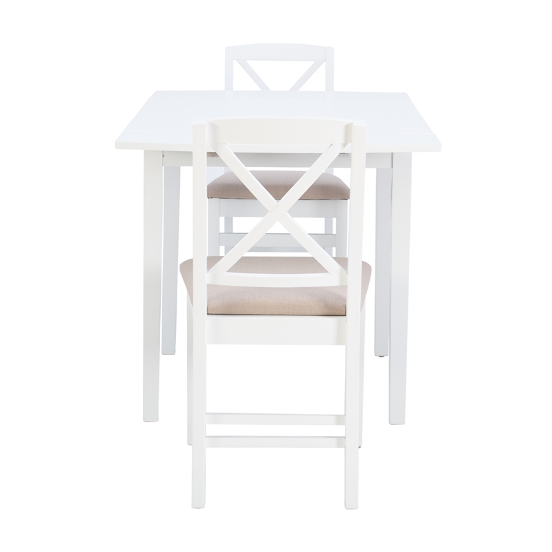 Linon Ervin Three Piece Drop Leaf Upholstered Small Dining Set in White Wood