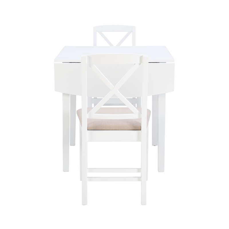 Linon Ervin Three Piece Drop Leaf Upholstered Small Dining Set in White Wood