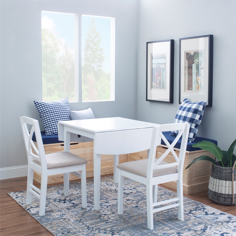 Linon Ervin Three Piece Drop Leaf Upholstered Small Dining Set in White Wood