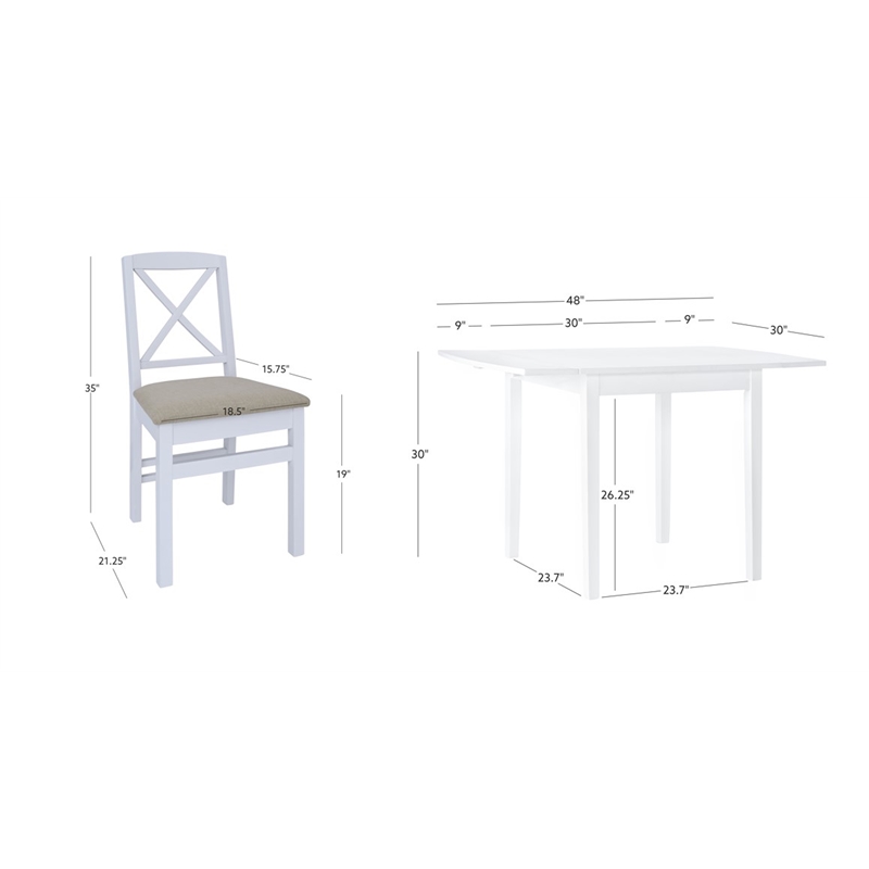Linon Ervin Three Piece Drop Leaf Upholstered Small Dining Set in White Wood