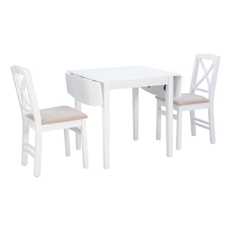 Linon Ervin Three Piece Drop Leaf Upholstered Small Dining Set in White Wood