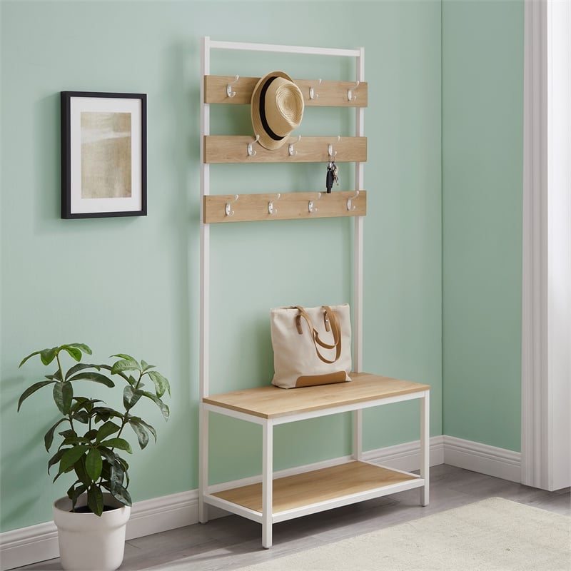 Linon Larkin White Metal Hall Tree 11 Hooks and 2 Shelves in Natural Wood