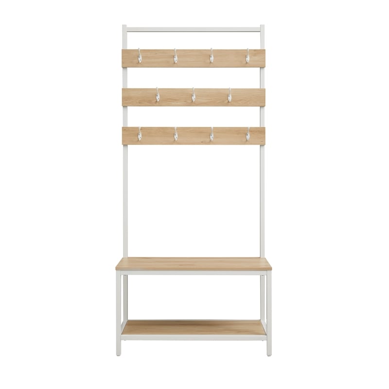 Linon Larkin White Metal Hall Tree 11 Hooks and 2 Shelves in Natural Wood